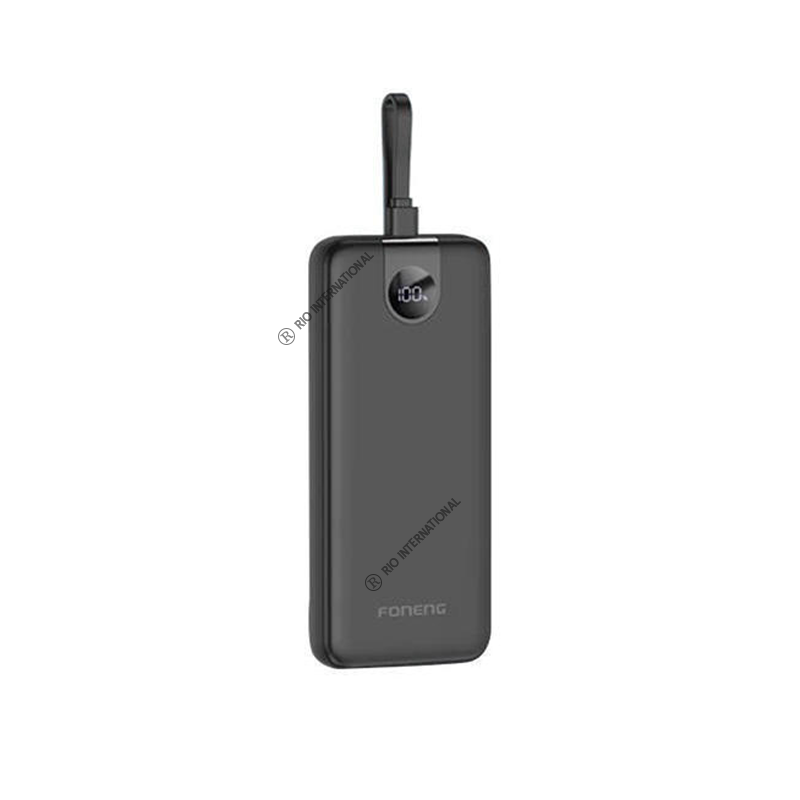 Foneng PX107 20000mah 22.5w Fast Charging Portable Power Bank with Built-In 3 Cables- Black
