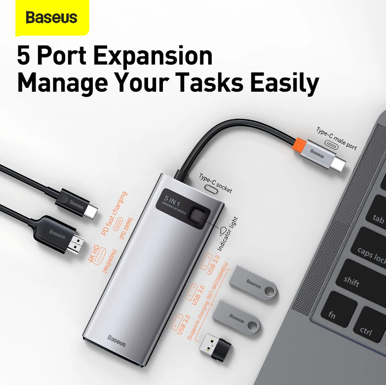 Baseus Metal Gleam Series 5 in 1  HUB Multifunctional Type-C To Type C PD + HDMI + 3*USB Ports