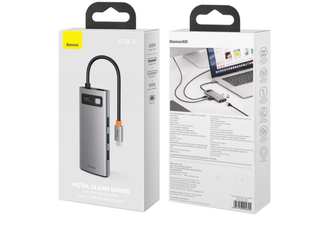 Baseus Metal Gleam Series 6-in-1 Adapter HUB  PD 100W USB-C HDMI 4K 3x USB3.0 USB-C RJ45